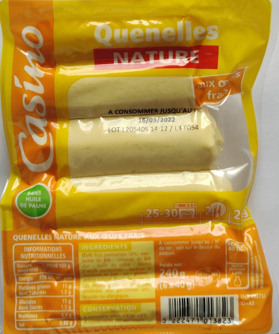 Quenelles nature aux œufs frais 240g Casino : photo du produit rappelé le 14/03/2022
