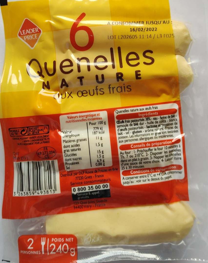 Quenelles nature aux œufs frais 240g leader price : photo du produit rappelé le 14/03/2022