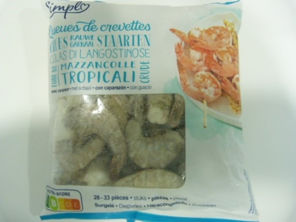 Queues de crevettes crues 28-33 pièces Carrefour Simpl : photo du produit rappelé le 12/12/2023