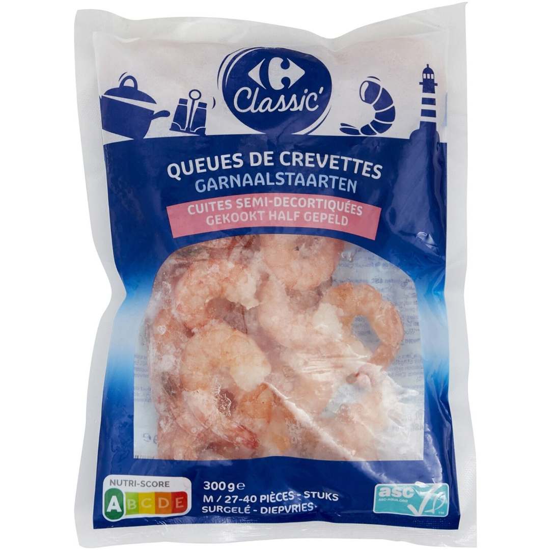 Queues de crevettes cuites semi décortiquées Carrefour Classic : photo du produit rappelé le 02/04/2024
