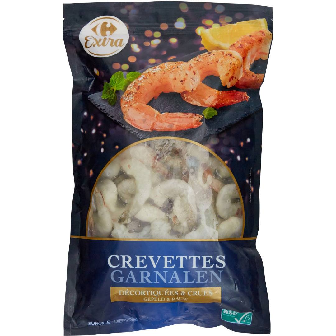 Queues de crevettes décortiquées crues asc 720g Carrefour Extra : photo du produit rappelé le 29/12/2023