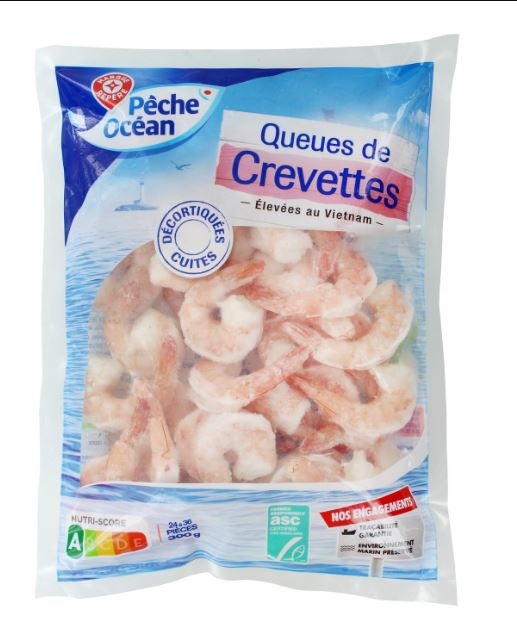 Queues de crevettes decortiquees cuites surgelees - 300 g Peche Ocean : photo du produit rappelé le 06/03/2023