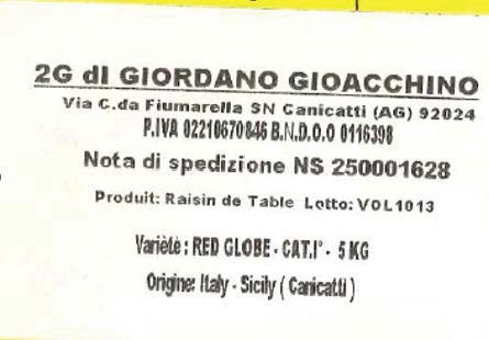 Raisin de table - variété red globe - origine 2g di Giordano Gioacchino : photo du produit rappelé le 03/11/2025