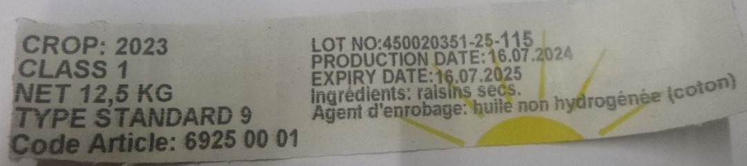 Raisin sec sultanine Indet : photo du produit rappelé le 24/01/2025