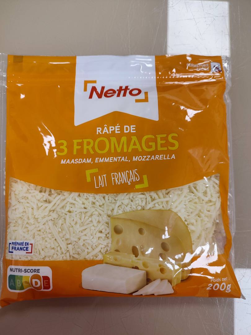 Râpé de 3 fromages maasdam, emmental, mozzarella 200g Netto : photo du produit rappelé le 26/04/2024