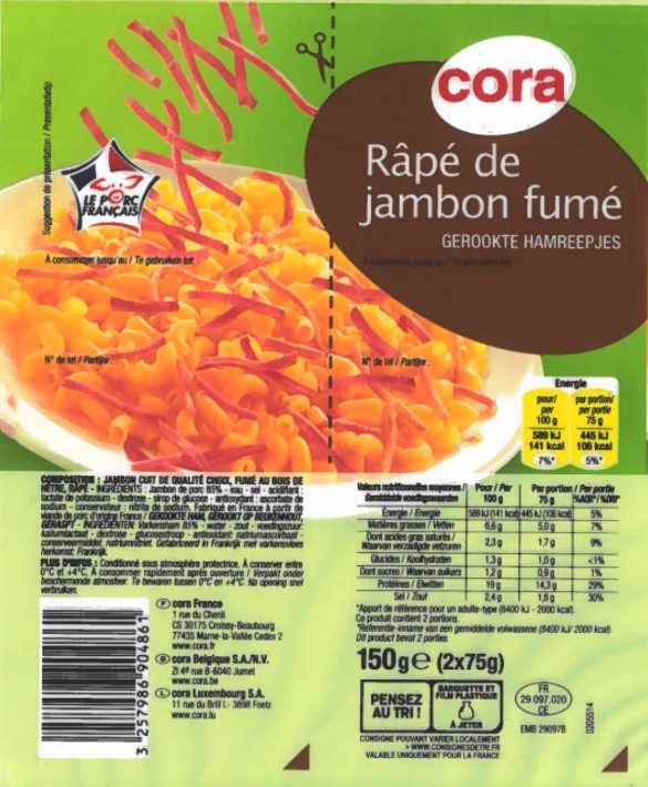 Râpé de jambon fumé 150g Cora : photo du produit rappelé le 16/08/2022