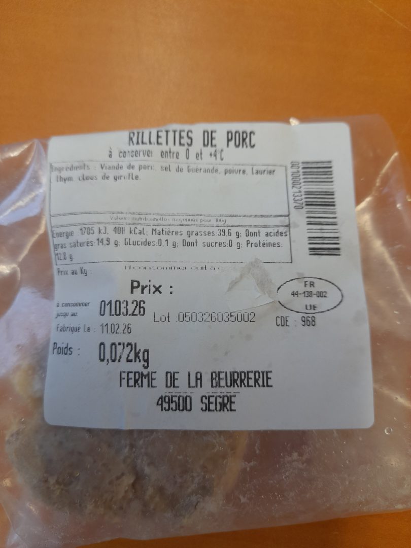 Rillettes de porc : photo du produit rappelé le 20/02/2026
