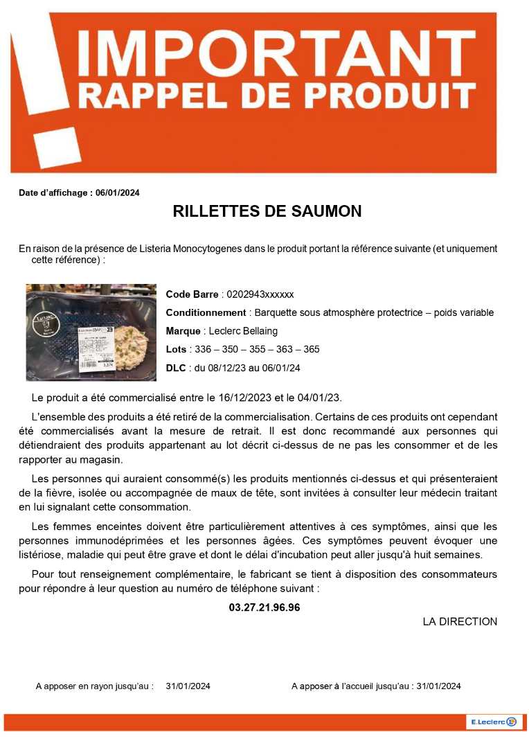Rillettes de saumon E. Leclerc Bellaing : photo du produit rappelé le 08/01/2024