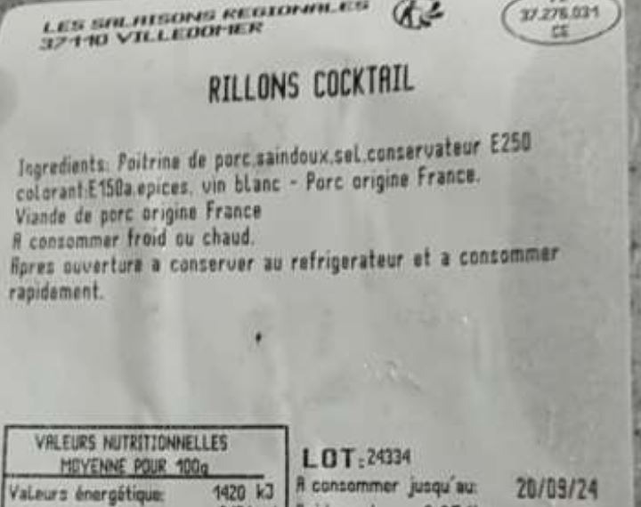 Rillons cocktail de touraine au montlouis : photo du produit rappelé le 10/09/2024