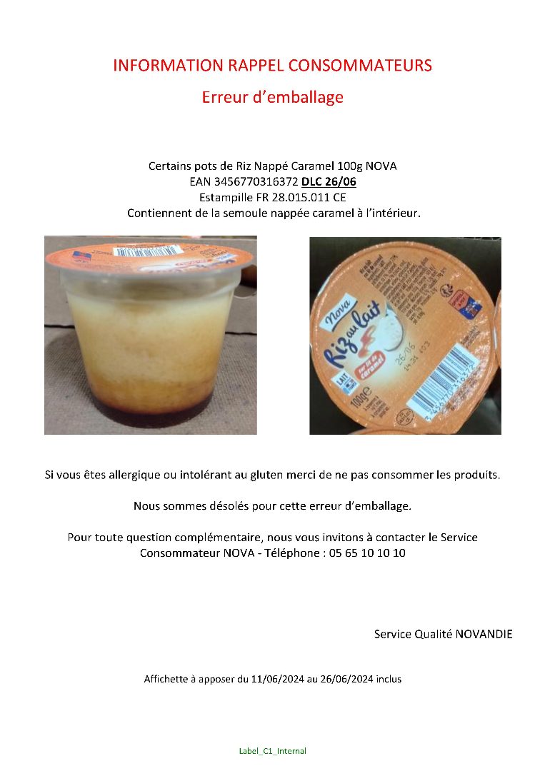 Riz au lait sur lit de caramel 100g nova : photo 3 sur 3 du produit rappelé le 12/06/2024