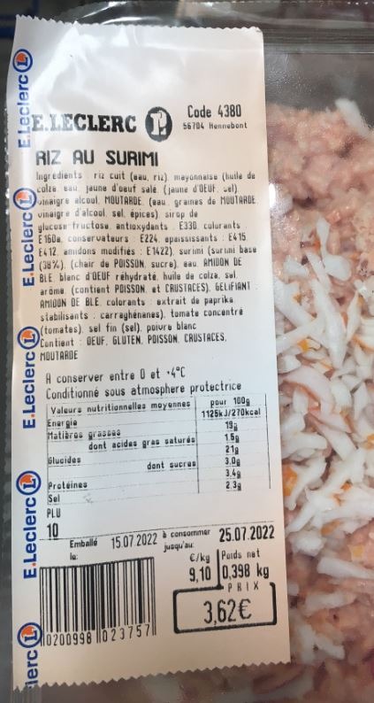 Riz au surimi : photo du produit rappelé le 19/07/2022