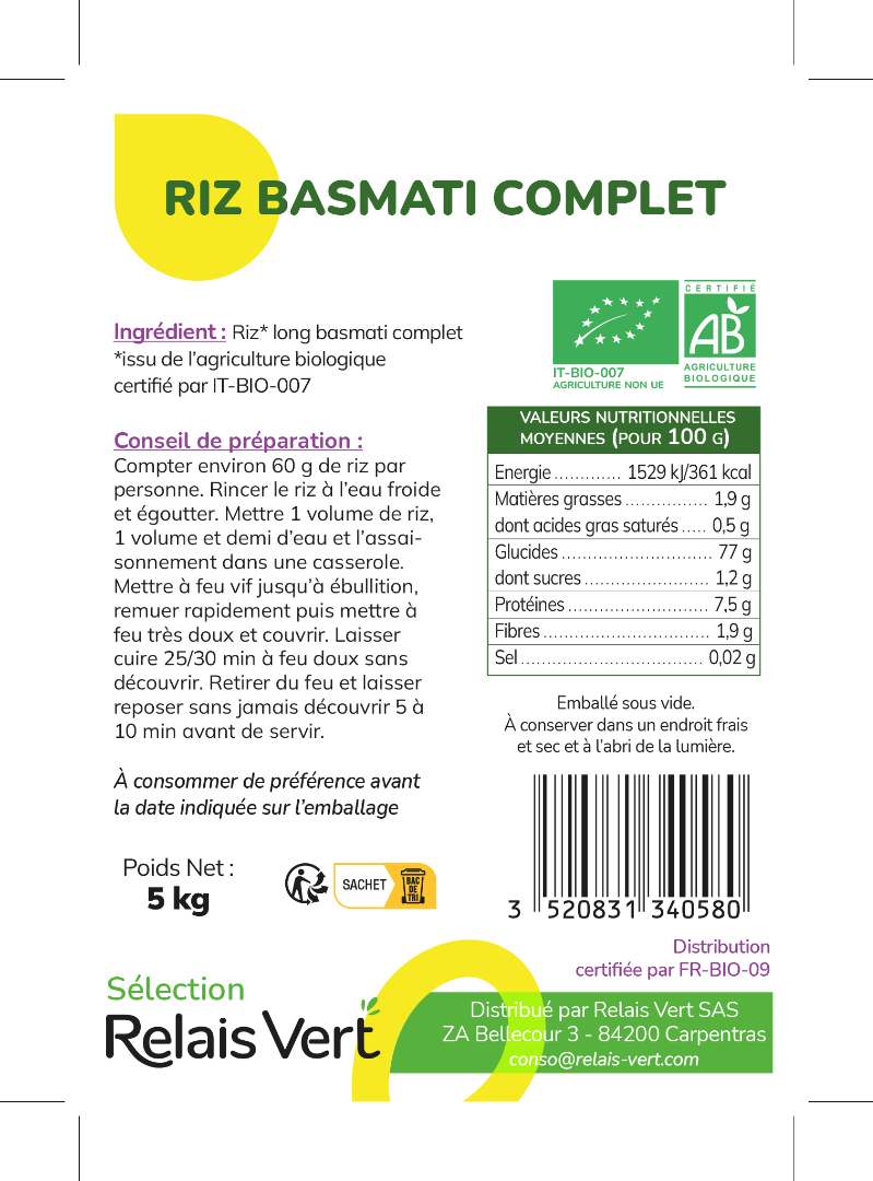 Riz basmati complet (2*5kg) selection relais vert : photo 1 sur 2 du produit rappelé le 04/11/2025