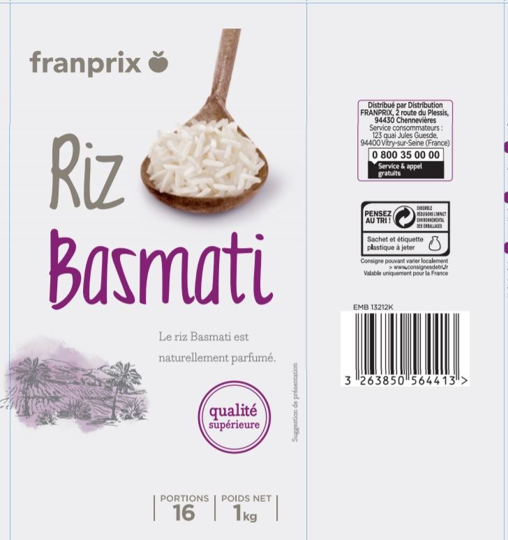Riz basmati Franprix 1kg : photo du produit rappelé le 14/10/2021