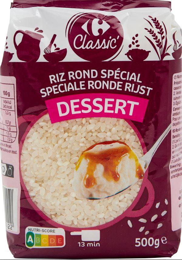 Riz rond spécial dessert Carrefour Classic : photo du produit rappelé le 11/08/2023