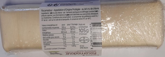 Rocamadour AOP 105g (3x35g) Franprix : photo 2 sur 2 du produit rappelé le 11/02/2022