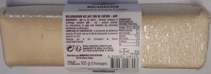 Rocamadour AOP 105g (3x35g) Monoprix gourmet : photo 2 sur 2 du produit rappelé le 11/02/2022