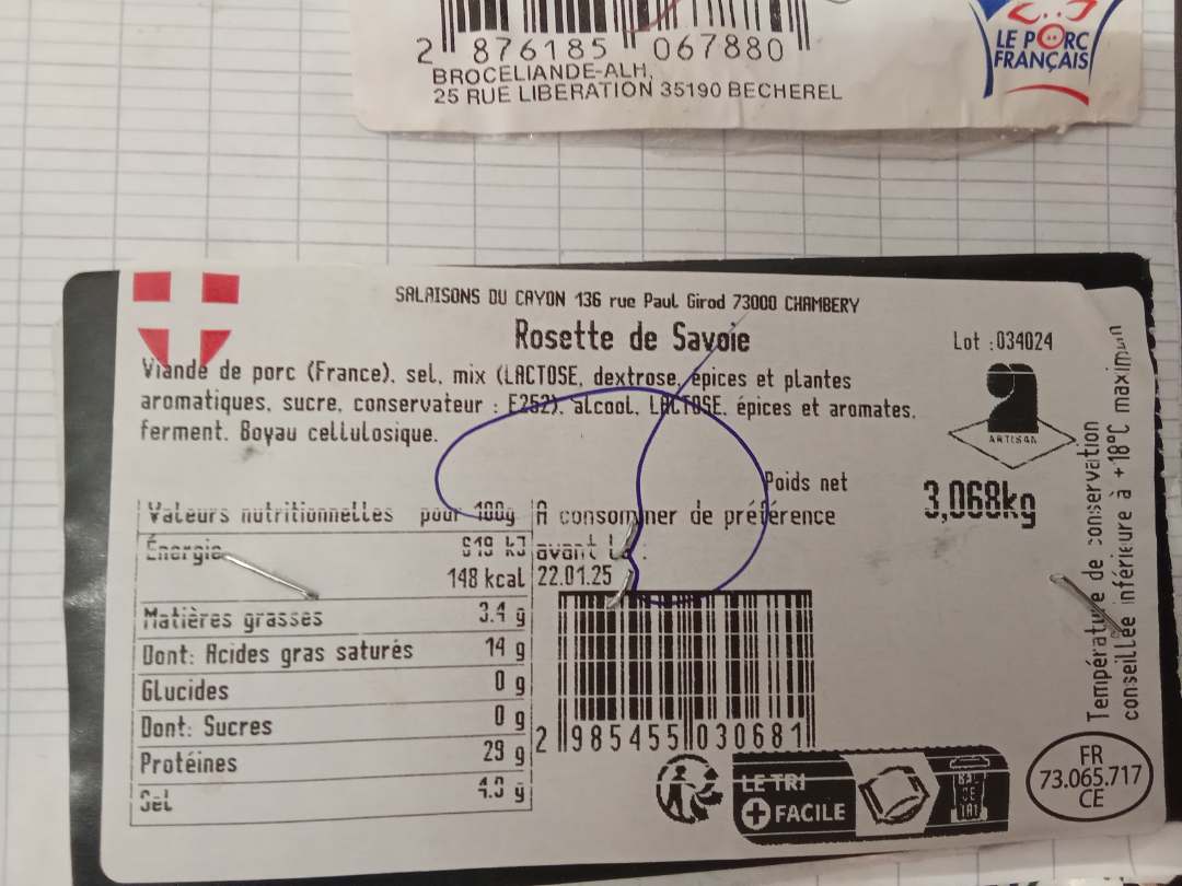Rosette de savoie Salaisons du Cayon : photo du produit rappelé le 10/12/2024