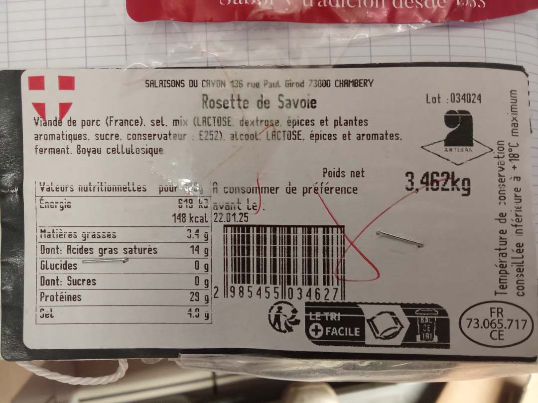 Rosette de savoie Salaisons du Cayon : photo 2 sur 2 du produit rappelé le 10/12/2024
