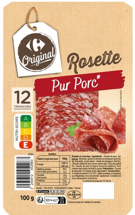 Rosette pur porc en tranches Carrefour Original : photo du produit rappelé le 03/11/2025