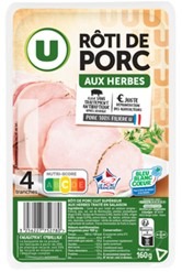 Rôti de porc bleu blanc cœur u 4 tranches 160g : photo 2 sur 2 du produit rappelé le 20/11/2024