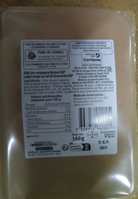 Roti de porc cuit label rouge u saveurs 4 tranches 160g : photo 2 sur 2 du produit rappelé le 26/09/2024