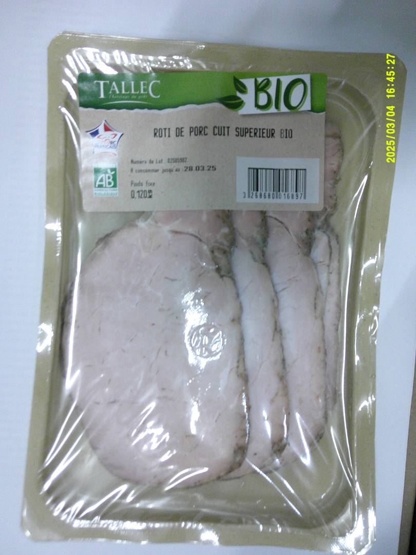 Roti de porc cuit superieur saumure et bruni bio Tallec : photo du produit rappelé le 05/03/2025