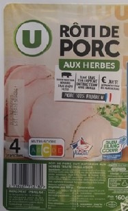 Rôti de porc herbes bleu blanc coeur u 4 tranches 160g : photo du produit rappelé le 06/08/2025