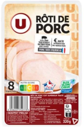 Rôti de porc nature bleu blanc coeur u 8 tranches 320g : photo du produit rappelé le 31/07/2025