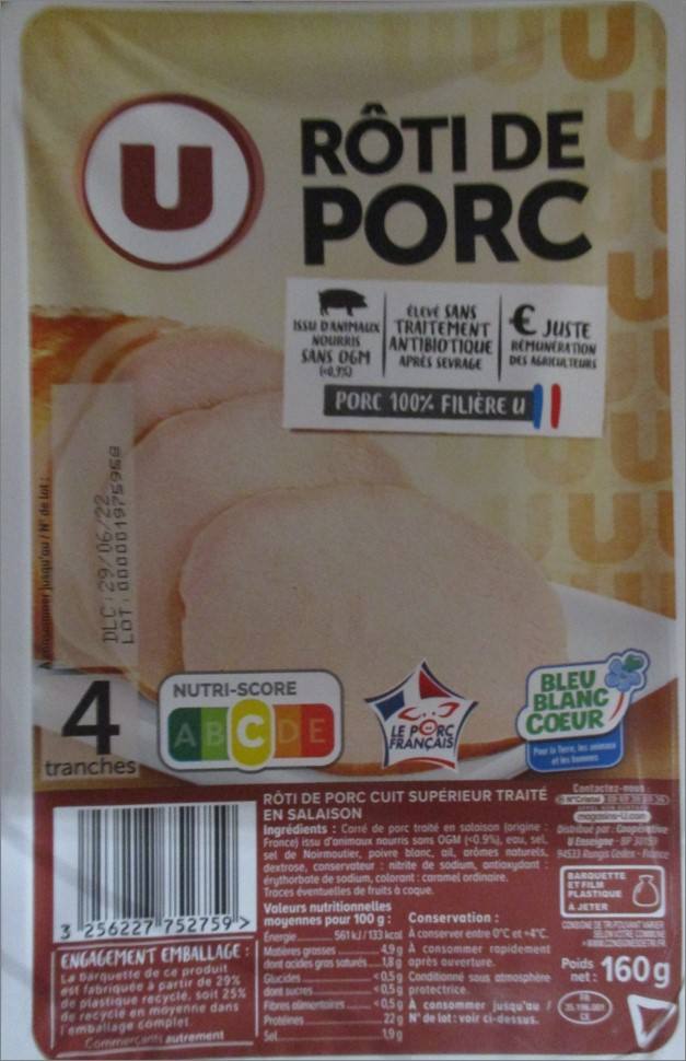 Roti de porc nature u 4 tranches 160g : photo du produit rappelé le 08/06/2023