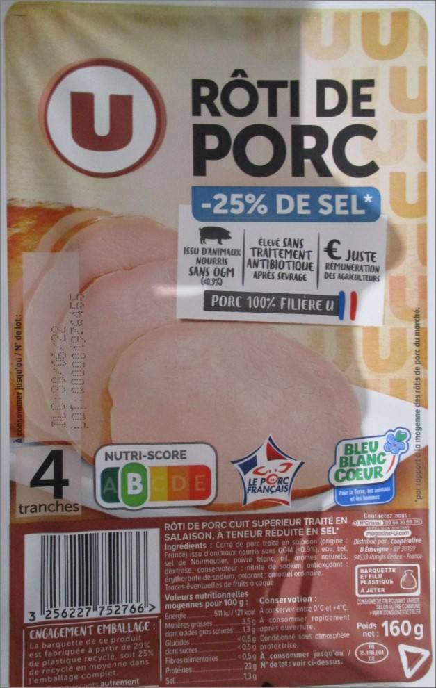 Roti de porc taux de sel réduit u 4 tranches 160g : photo du produit rappelé le 08/06/2023