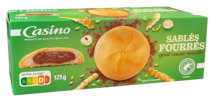 Sablés fourrés goût cacao noisette 125g Casino : photo du produit rappelé le 27/06/2022