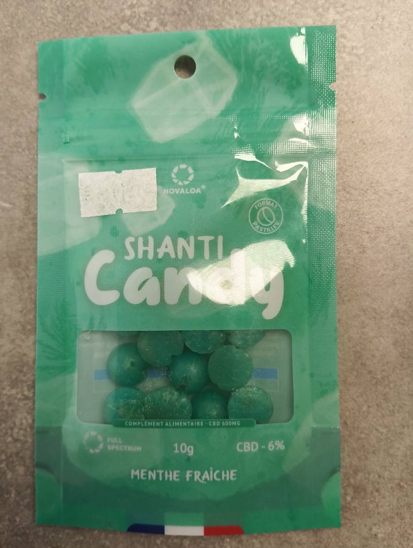 Sachet 10gr pastille menthe 6% CBD 0,05%THC Novaloa : photo du produit rappelé le 11/09/2026