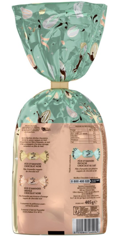 Sachet papillotes pâtes d'amandes noir et lait 405g Revillon Chocolatier : photo 2 sur 2 du produit rappelé le 17/12/2021
