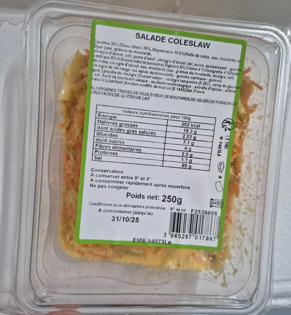Salade coleslaw Emb 94073LE : photo du produit rappelé le 20/10/2025