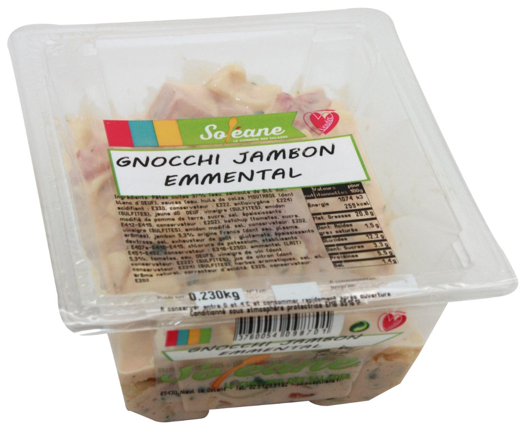 Salade de pate au jambon emmental ou gnocchi au jambon emmental Soleane : photo du produit rappelé le 15/09/2022