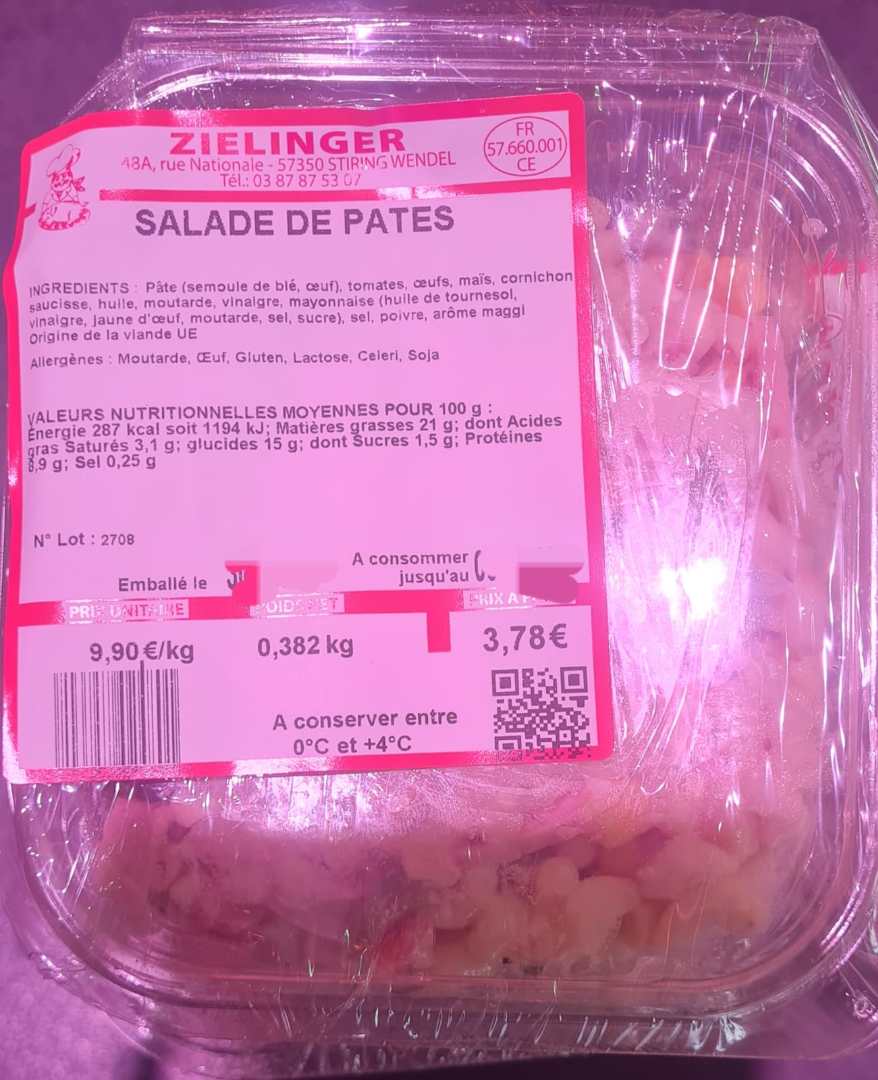 Salade de pâtes Boucherie Zielinger : photo du produit rappelé le 04/09/2025