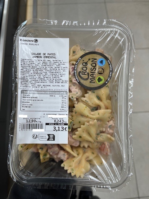 Salade de pâtes jambon emmental E.Leclerc Morlaix : photo du produit rappelé le 14/02/2025