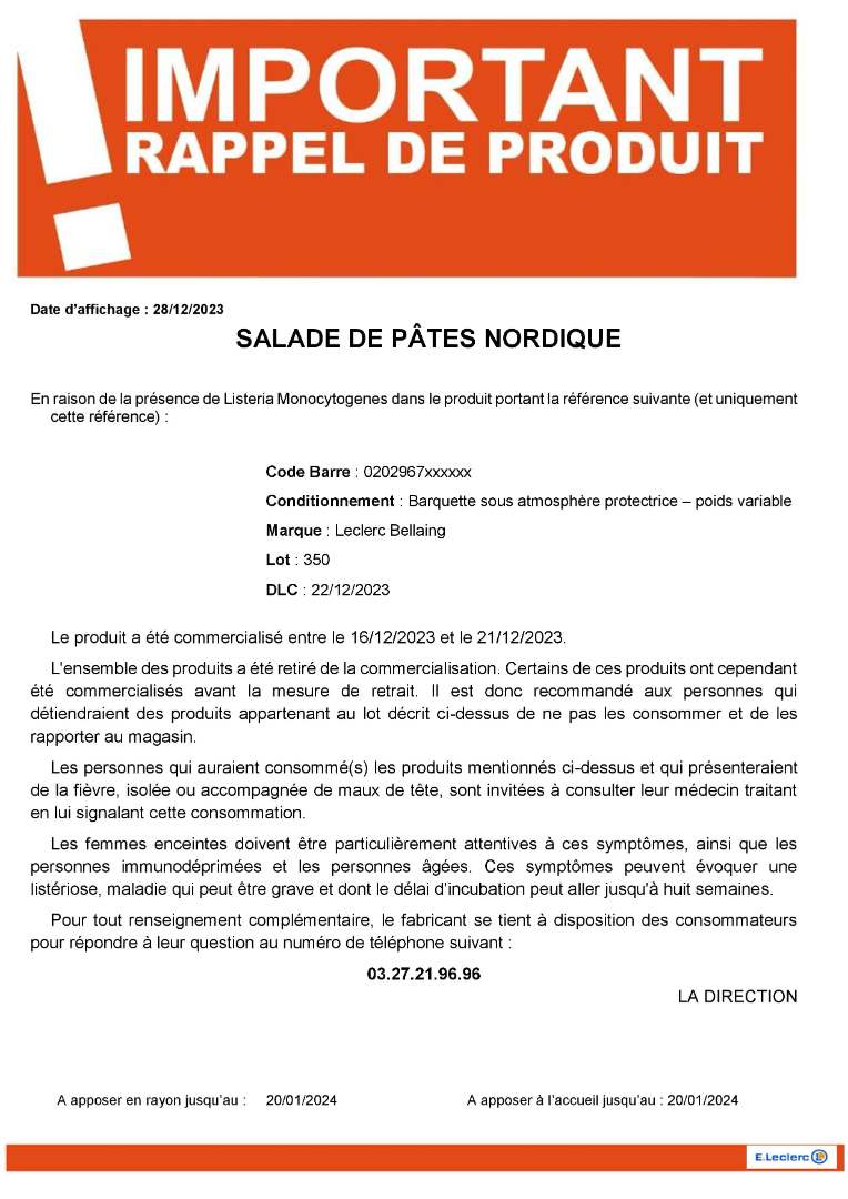 Salade de pâtes nordique E. Leclerc Bellaing : photo du produit rappelé le 08/01/2024
