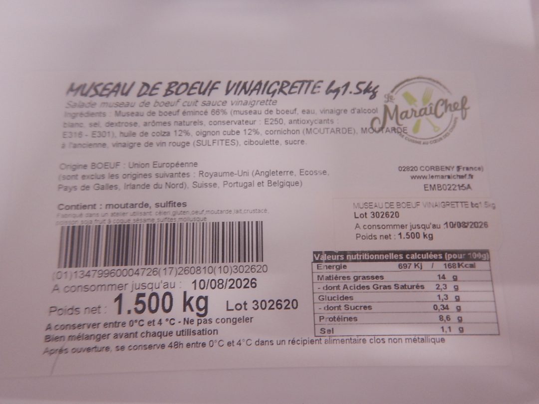 Salade museau de boeuf vinaigrette Le Maraichef : photo du produit rappelé le 28/07/2026