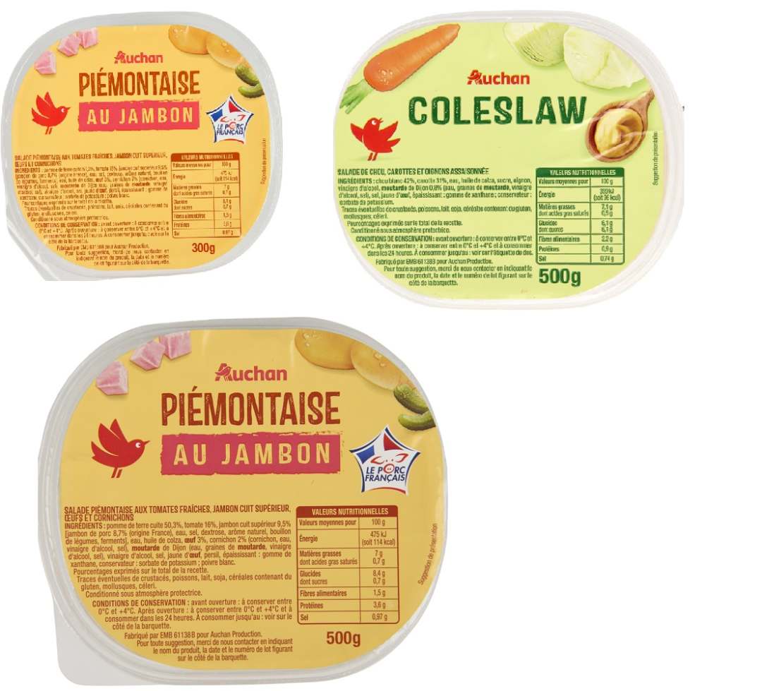 Salades traiteurs libre service divers gouts Auchan : photo 2 sur 2 du produit rappelé le 02/09/2026