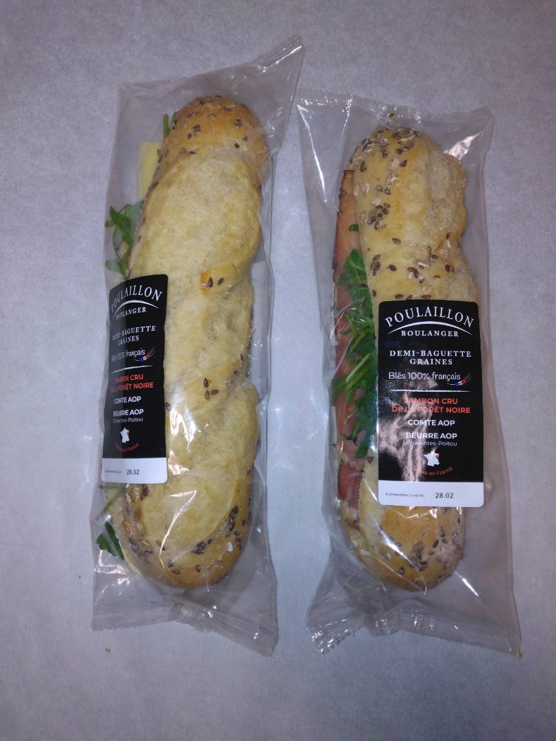 Sandwich baguettes graines jambon cru forêt noire comté Poulaillon : photo du produit rappelé le 03/03/2026