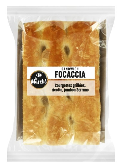 Sandwich focaccia courgettes grillees, ricotta, jambon Carrefour le Marche : photo du produit rappelé le 21/08/2026