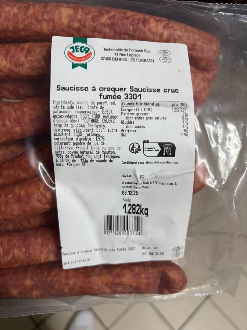 Saucisse à croquer ± 1,3 kg Jeca : photo du produit rappelé le 24/11/2025