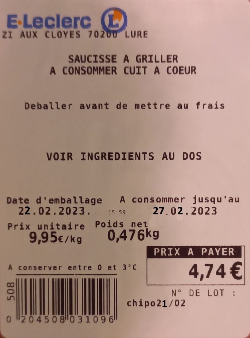 Saucisse a griller Sans Marque - Elabore Dans Nos Ateliers : photo 2 sur 2 du produit rappelé le 28/02/2023
