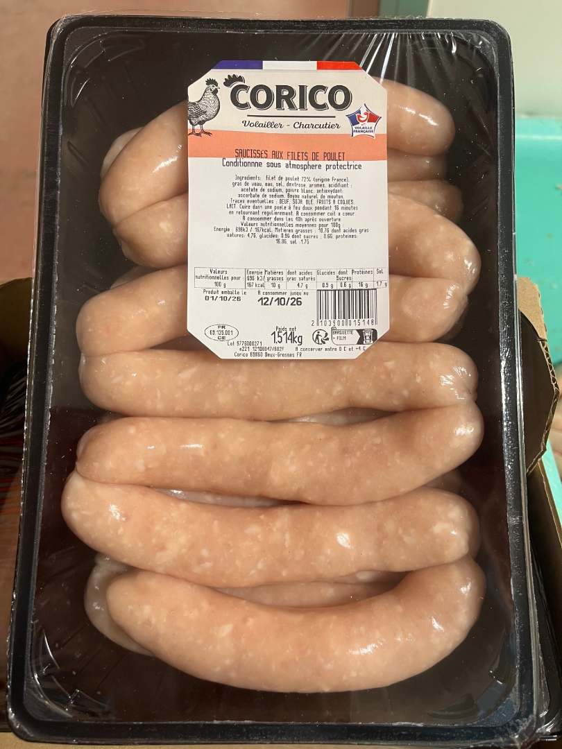 Saucisse au filet de poulet Corico : photo du produit rappelé le 01/10/2026