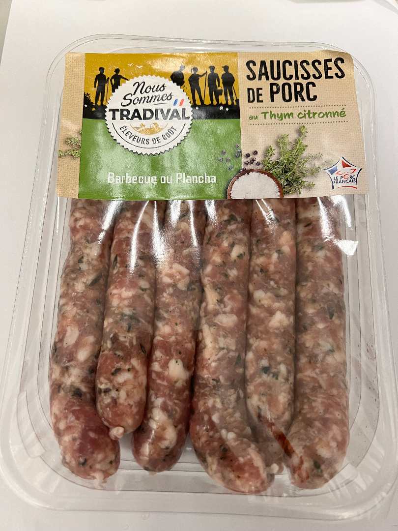 Saucisse au piment d'espelette et saucisse au thym citron Tradival : photo du produit rappelé le 31/07/2024