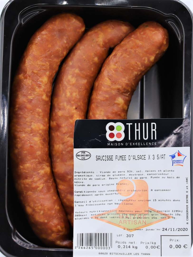 Saucisse d'alsace fumée cuite Charcuterie de la Thur : photo du produit rappelé le 15/11/2021