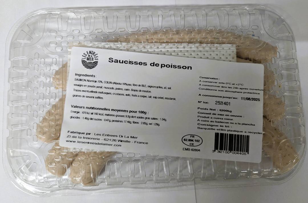 Saucisse de la mer Les Entrées de la Mer : photo du produit rappelé le 01/08/2025