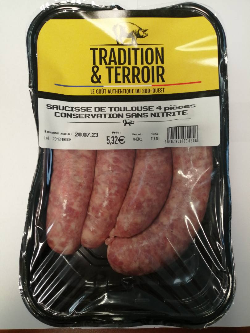 Saucisse de toulouse 4pièces Tradition & Terroir : photo du produit rappelé le 11/07/2023