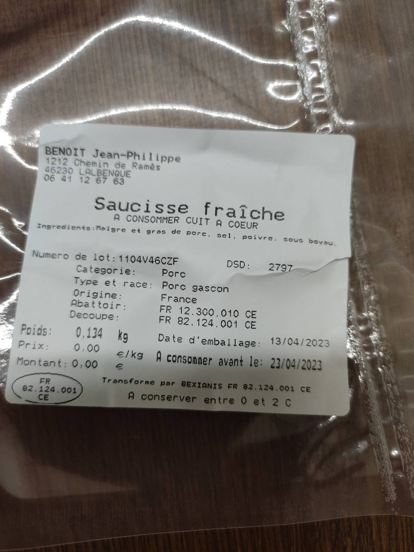 Saucisse fraîche : photo du produit rappelé le 18/04/2023